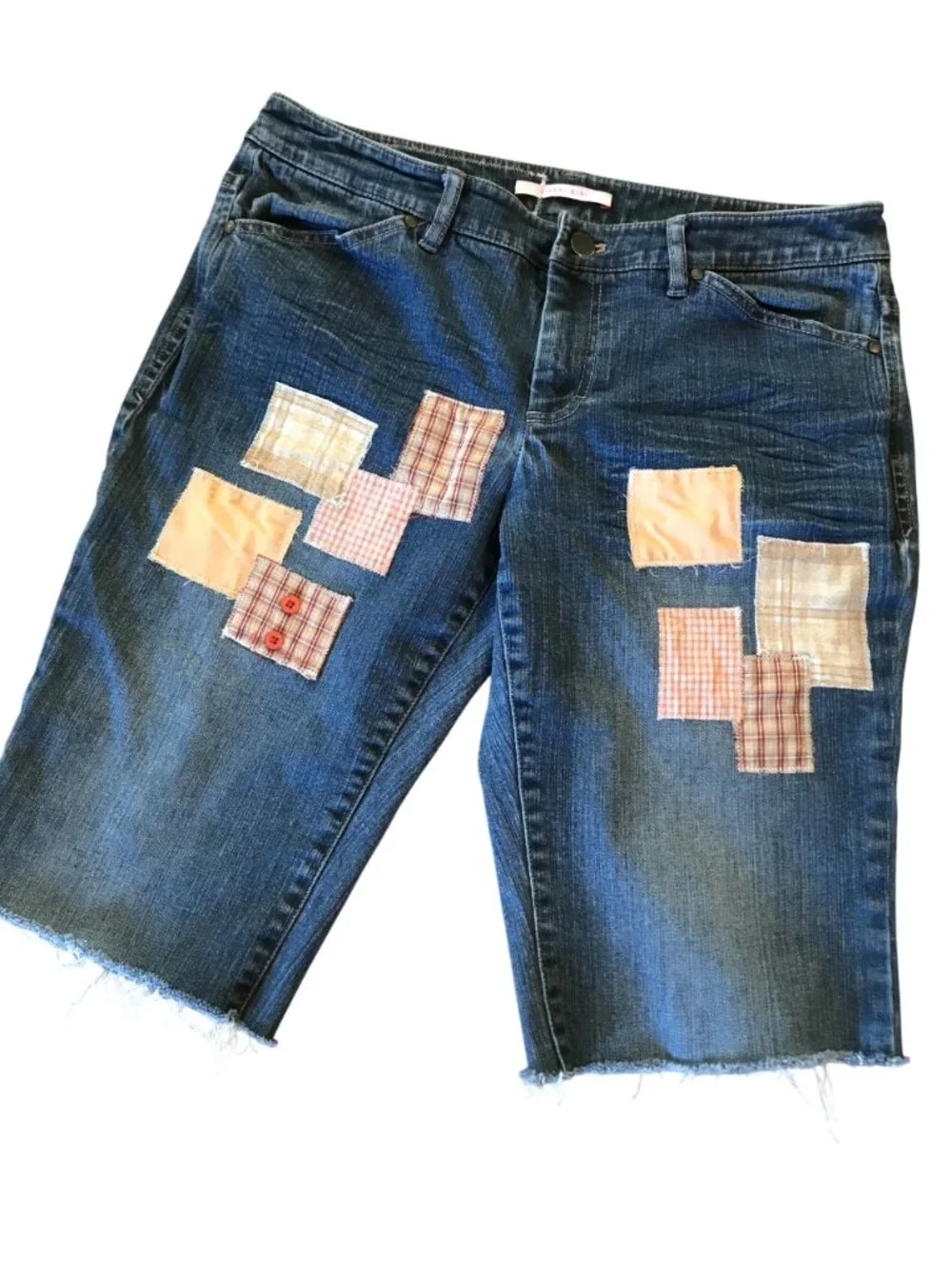 Upcycled Denim Cutoffs, Boho Patchwork Orange Brown Approx 10-12